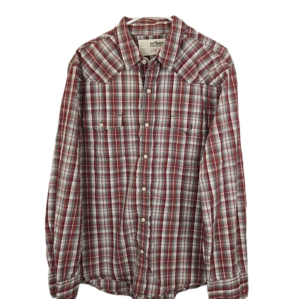 URBAN PIPELINE Mens Long Sleeve Shirt Size XL Red Plaid Front Pockets Gorpcore
